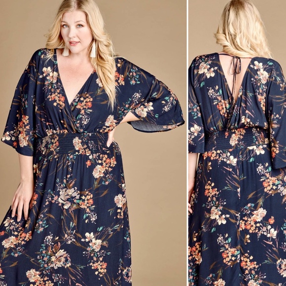 Moody Florals 2X Navy Blue Boho Gypsy Maxi Dress - Picture 8 of 8